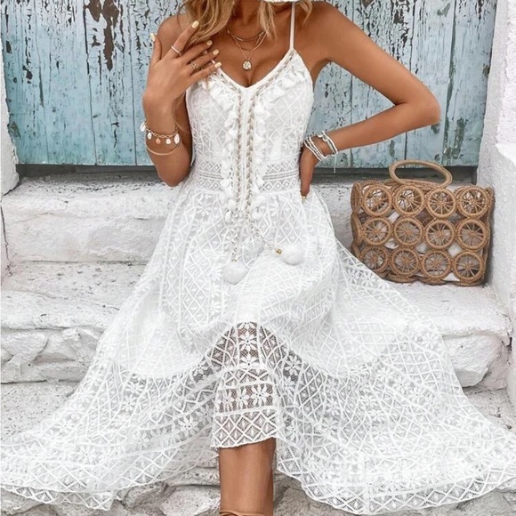 Dresses & Skirts - White Guipure Sheer Mesh Lace Tassel Cami Dress Boho
